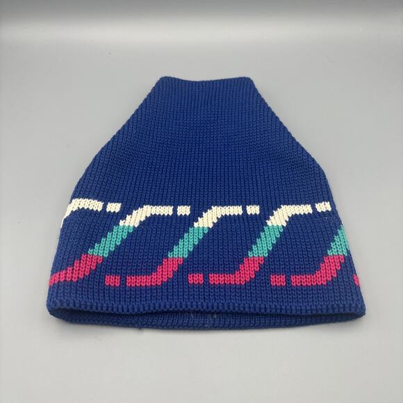 Vintage Wigwam Wool Beanie One Size Blue Stripe Geometric U.S.A. - Picture 1 of 3